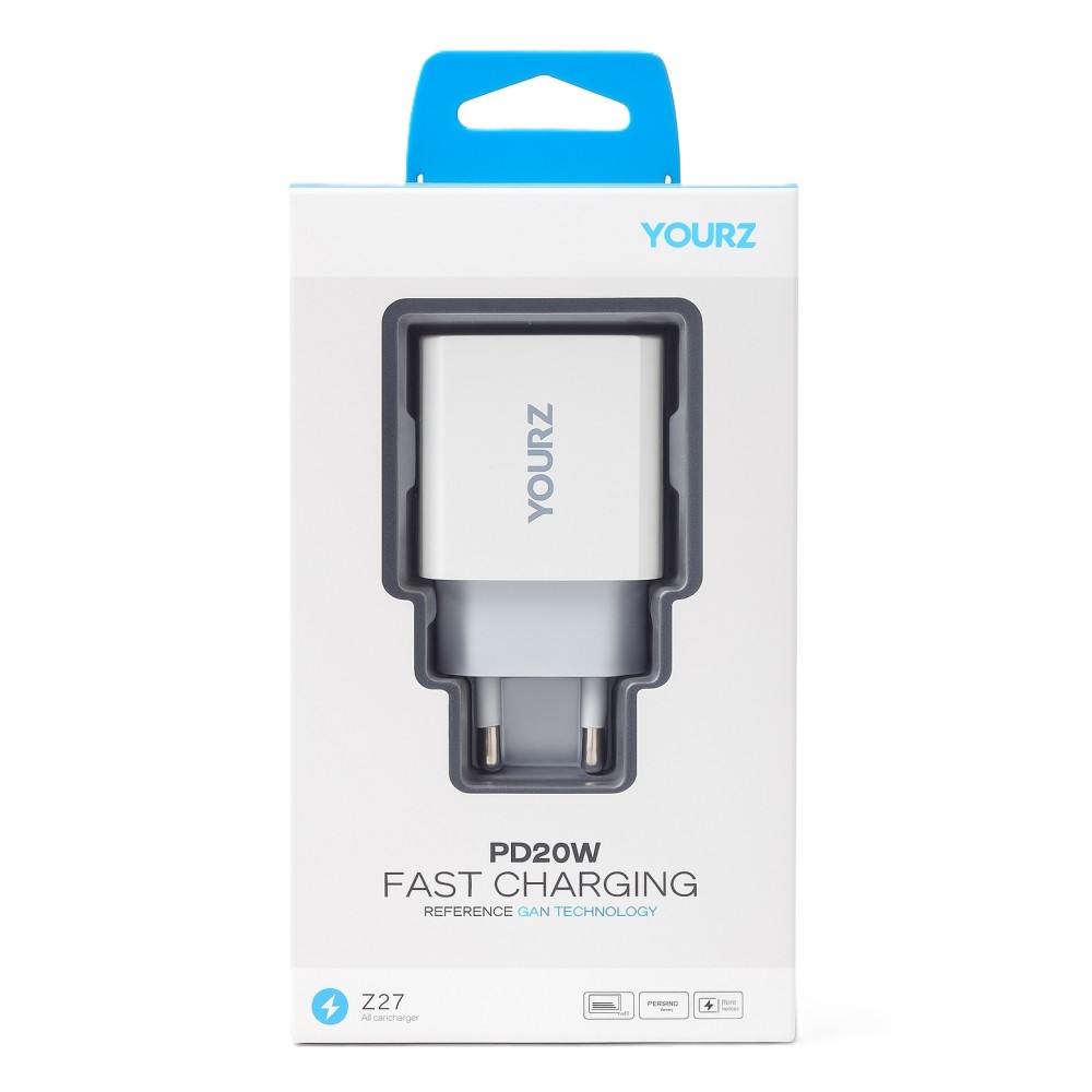 Încărcător dublu Yourz 20W Z27, USB-A și USB-C, alb 