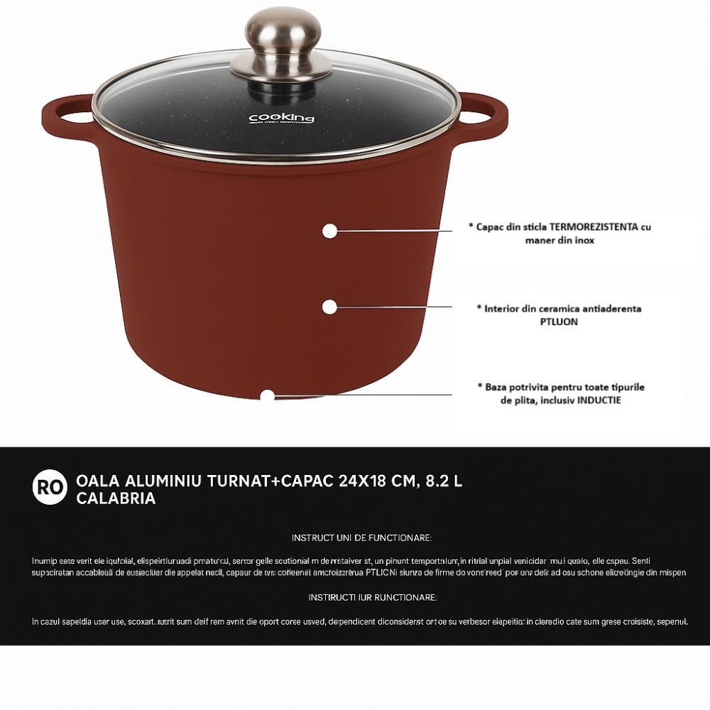 Oală cu capac Heinner Calabria, aluminiu, 8.2 L